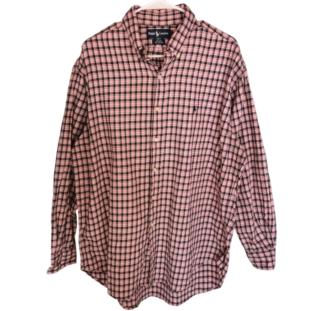 Ralph Lauren Blue Label Pink Navy Plaid Brushed Cotton Flannel Shirt Size L